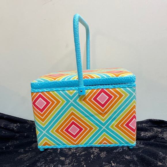 Vintage Fabric Covered Sewing Box Basket Padded with Tray Bright Wicker Handle - Picture 7 of 10